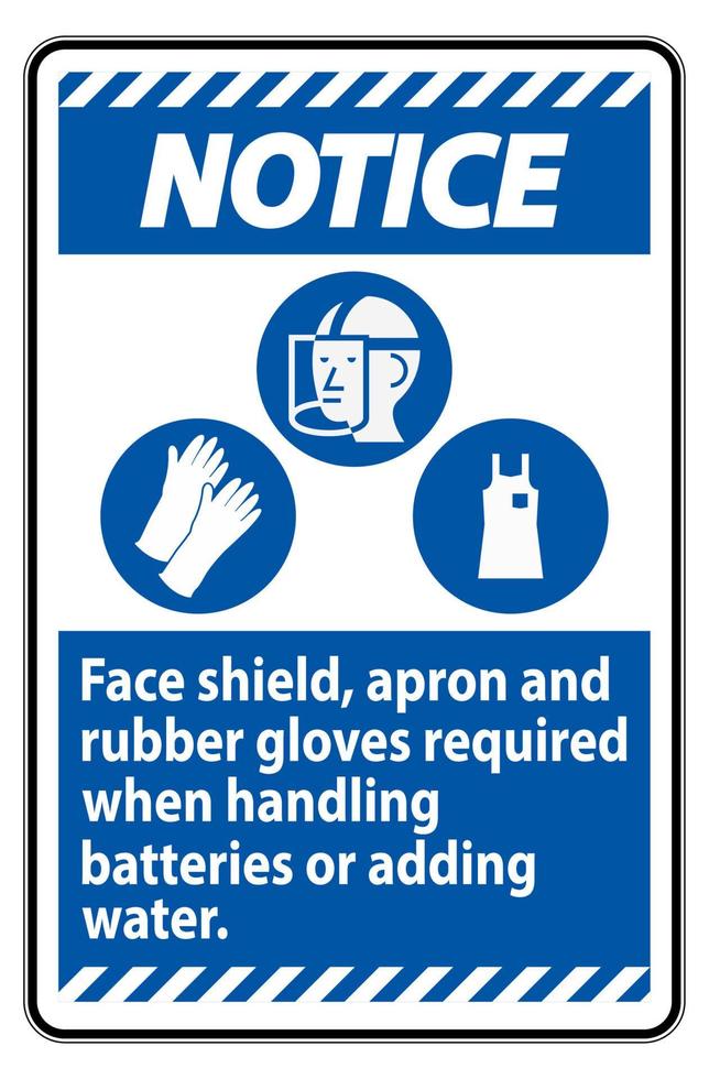 Señal de aviso Se requiere protector facial, delantal y guantes de goma al manipular baterías o agregar agua con símbolos de ppe vector