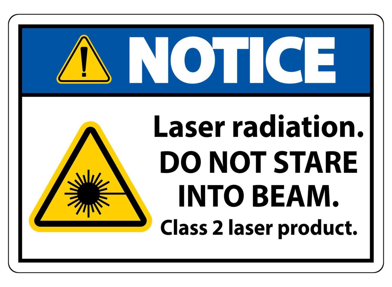 Observe la radiación láser, no mire fijamente al rayo, señal de producto láser de clase 2 sobre fondo blanco. vector