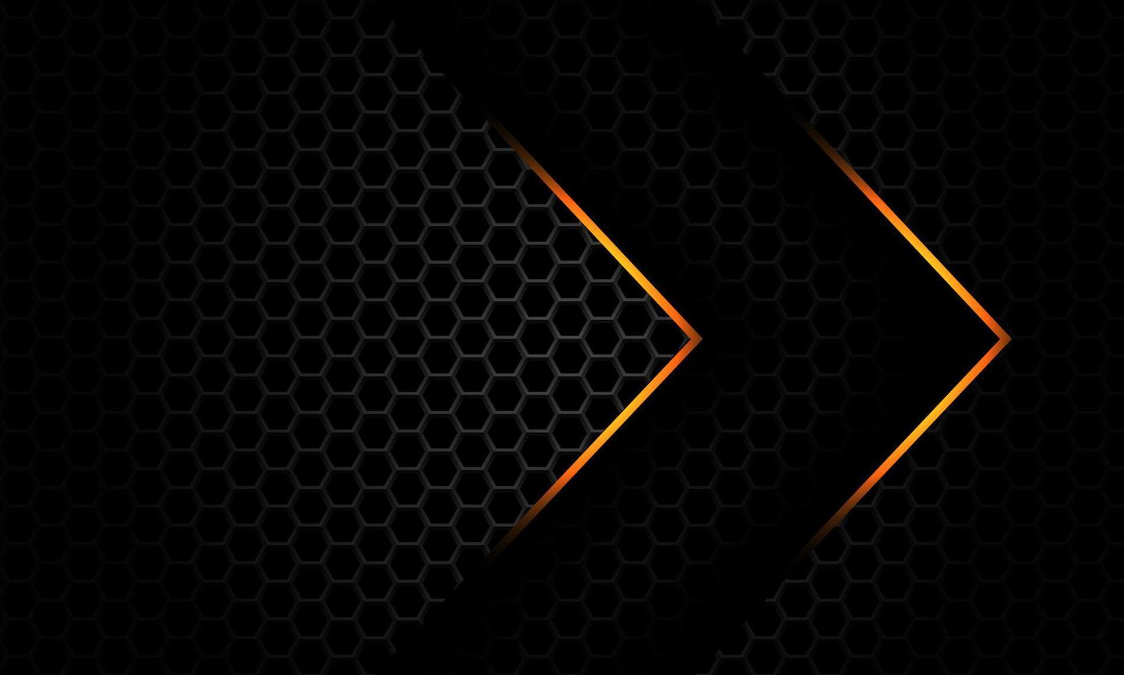 Abstract gold light arrow direction overlap on dark grey metallic hexagon mesh pattern design modern luxury futuristic background vector