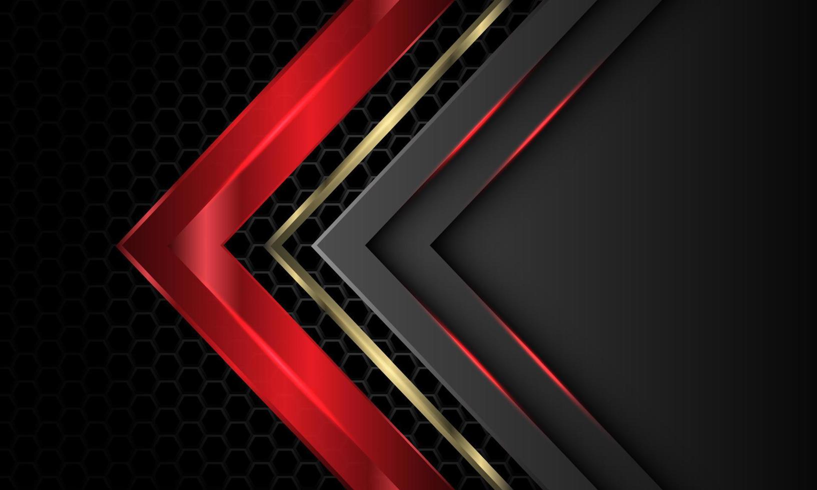 Abstract red gold grey arrow direction geometric overlap on dark metallic hexagon mesh pattern design modern luxury futuristic background vector