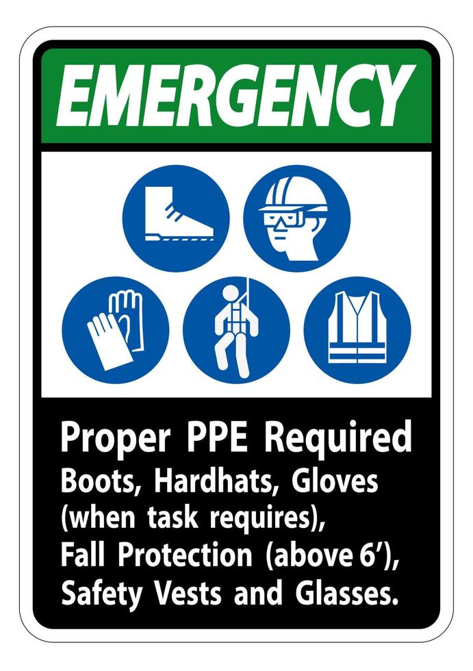 Emergency Sign Proper PPE Required Boots, Hardhats, Gloves When Task Requires Fall Protection With PPE Symbols vector