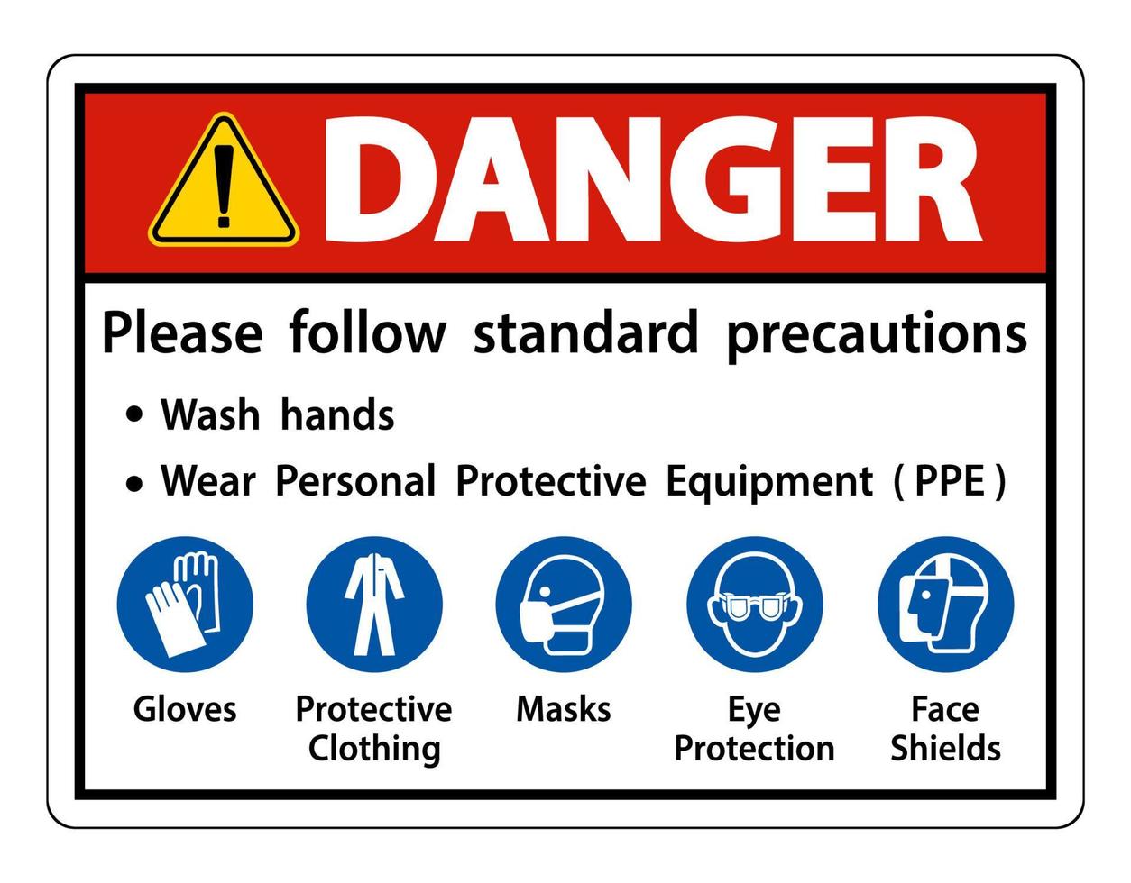 peligro por favor siga las precauciones estándar, lávese las manos, use equipo de protección personal ppe, guantes ropa protectora mascarillas protección para los ojos pantalla facial vector