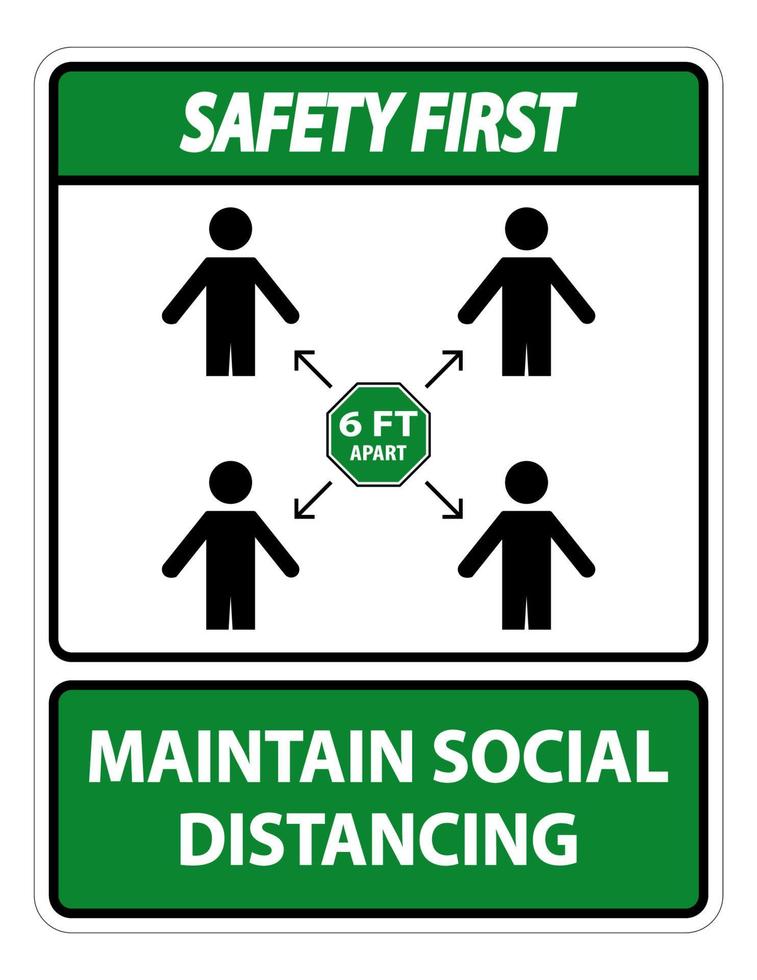 la seguridad primero mantenga el distanciamiento social, manténgase a 6 pies de distancia, signo de coronavirus covid-19 aislado sobre fondo blanco, ilustración vectorial eps.10 vector