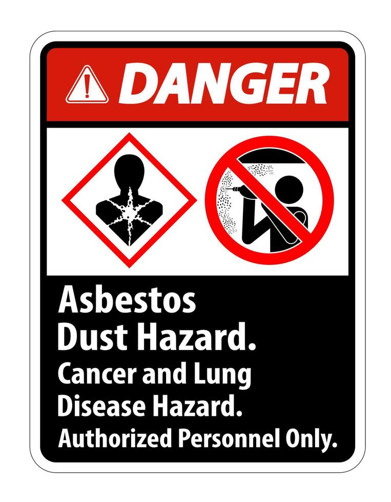 etiqueta de seguridad de peligro, peligro de polvo de amianto, peligro de cáncer y enfermedad pulmonar solo personal autorizado vector