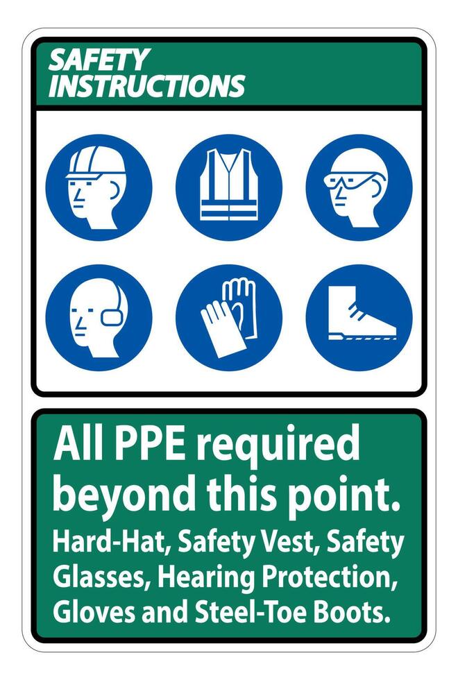 Safety Instructions PPE Required Beyond This Point. Hard Hat, Safety Vest, Safety Glasses, Hearing Protection vector