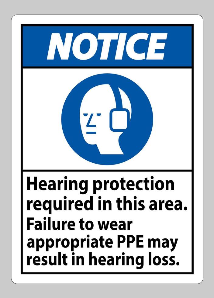 Notice Sign Hearing Protection Required In This Area, Failure To Wear Appropriate PPE May Result In Hearing Loss vector