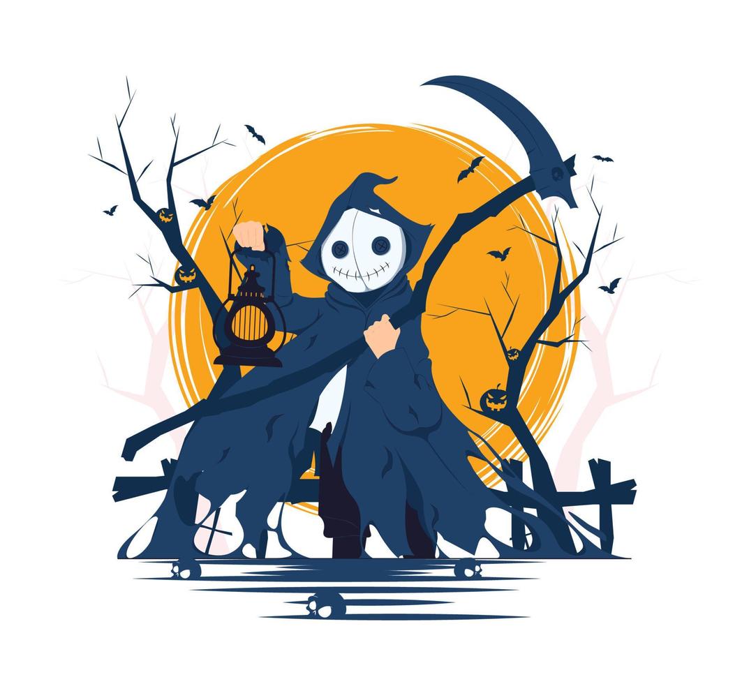 Scary angel of death holding scythe and lantern on halloween concept illustration vector