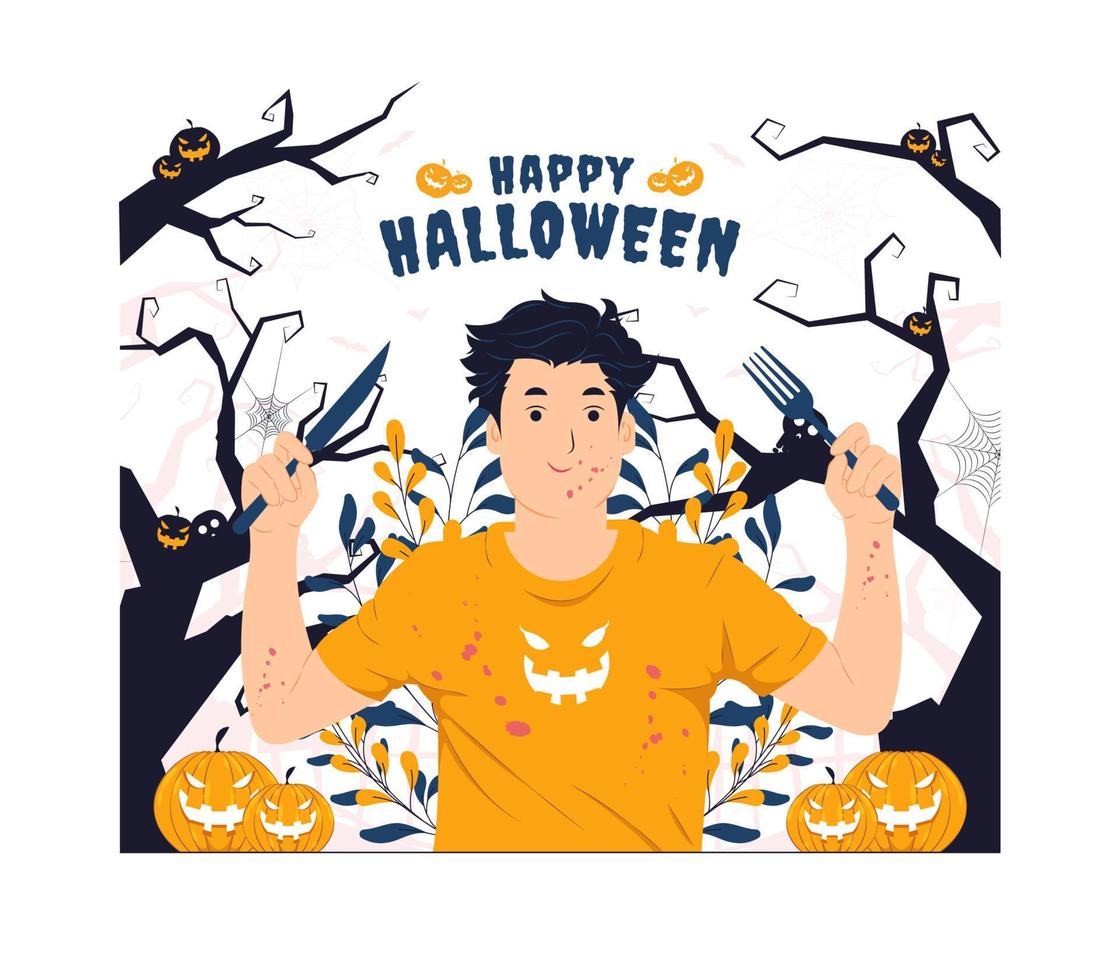 Hombre con salpicaduras de sangre sosteniendo tenedor y cuchillo en la ilustración del concepto de Halloween vector