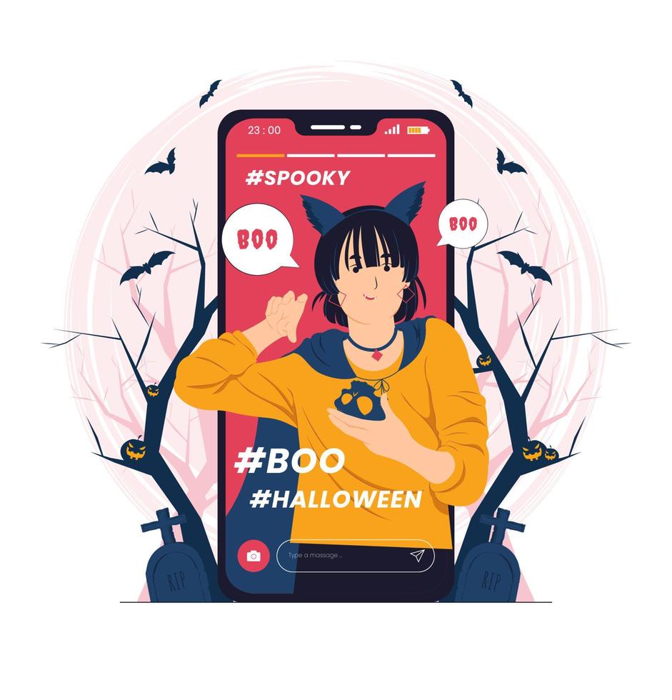 linda chica hombre lobo con una capa en las historias de las redes sociales en la ilustración del concepto de halloween vector