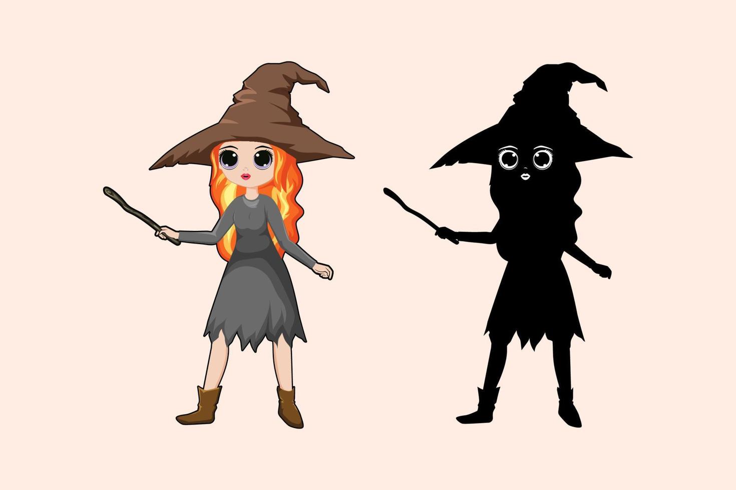 Cute witch hold magic wand, for Halloween holiday, flat vector illustration