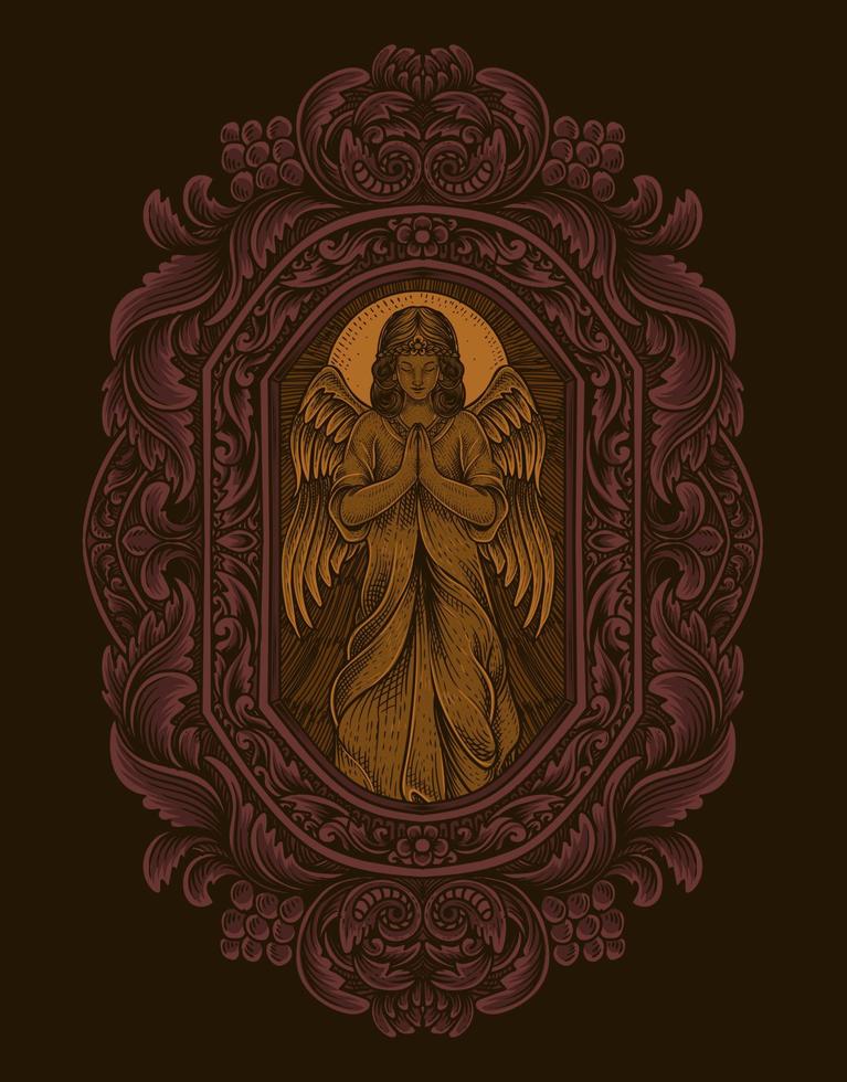 illustration praying angel with vintage engraving ornament style vector