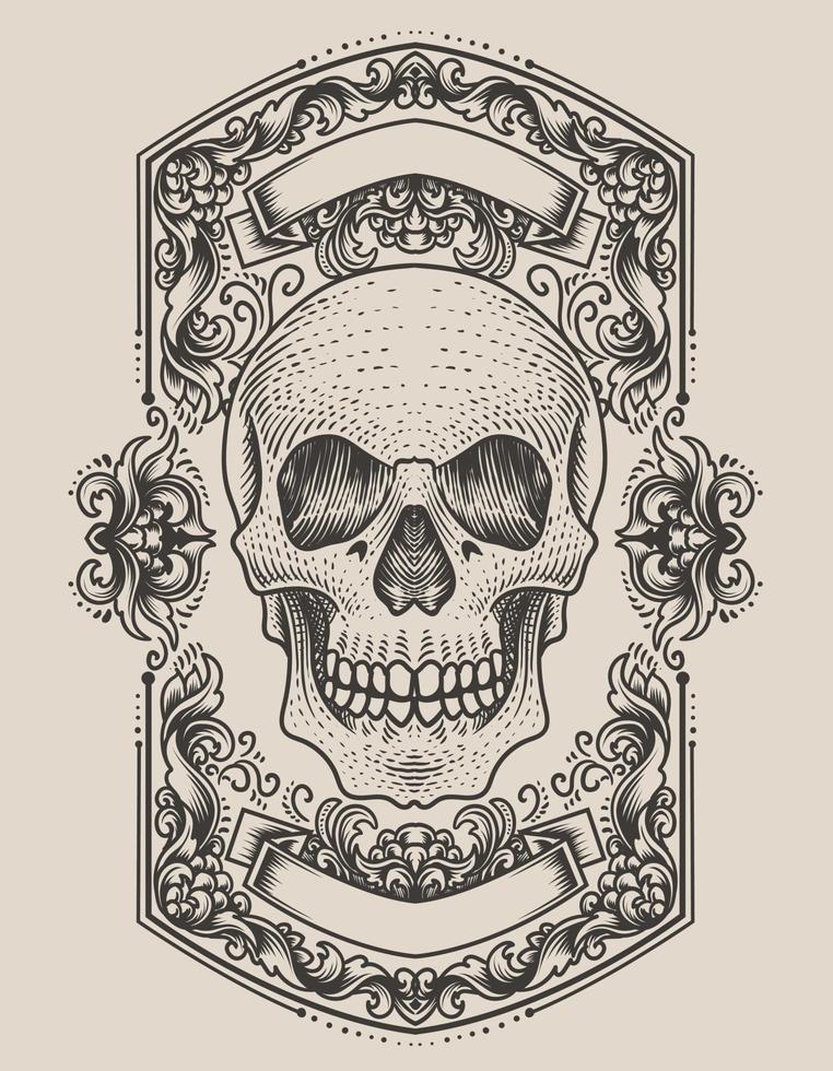 illustration demon skull head with antique engraving ornament vector