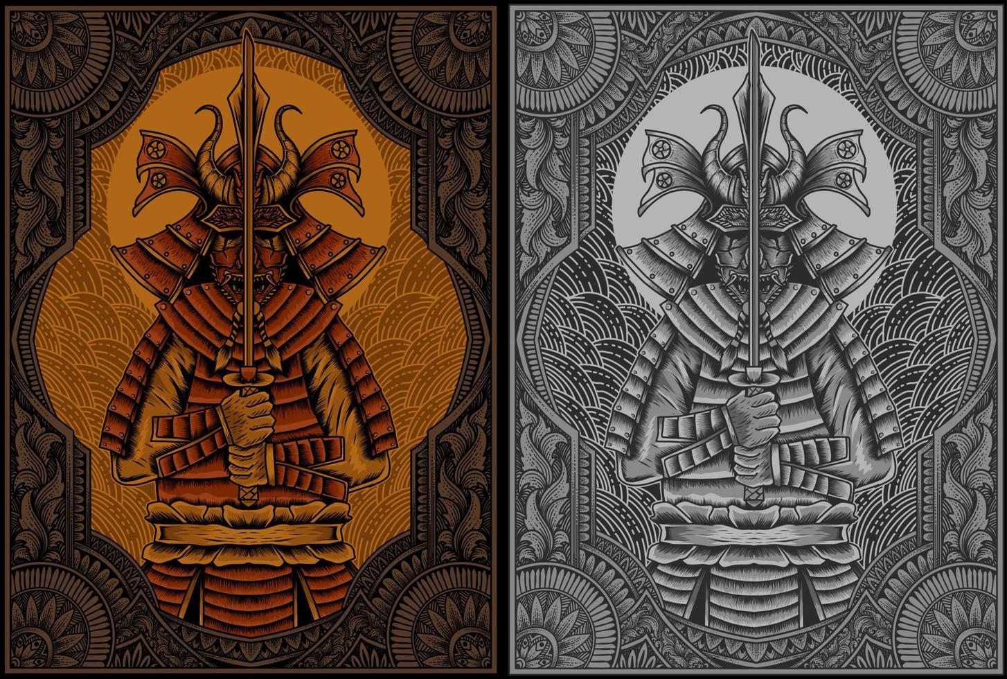 illustration samurai warriors with antique engraving ornament vector