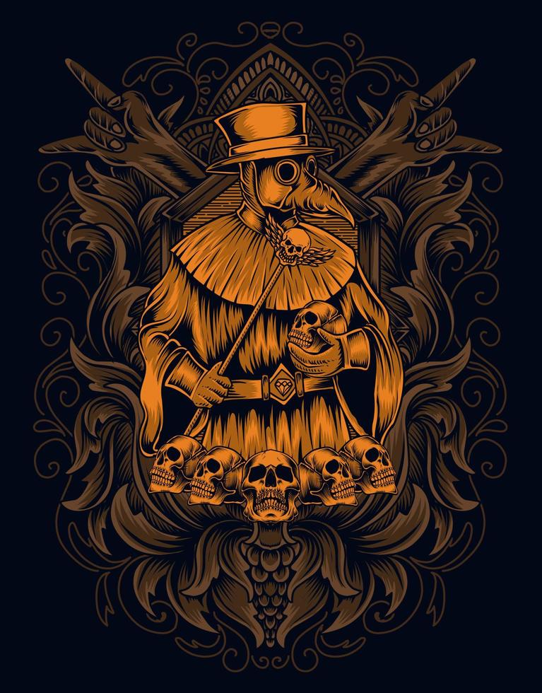 illustration scary plague doctor with skull on engraving ornament vector