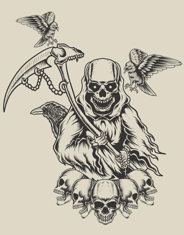 illustration death angel with crow bird vector