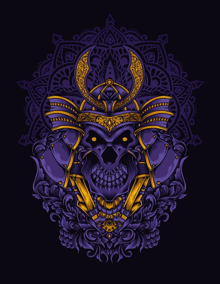 illustration vector samurai skull head with engraving ornament