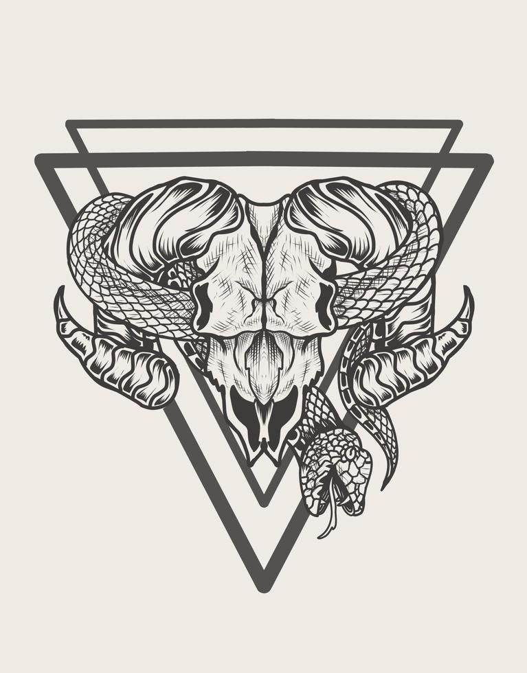 Ilustración de cráneo de cabra con estilo monocromo de serpiente vector