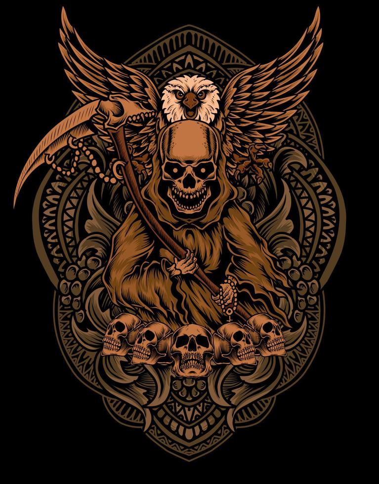 ilustración, ángel de la muerte, con, pájaro águila, en, grabado, ornamento vector