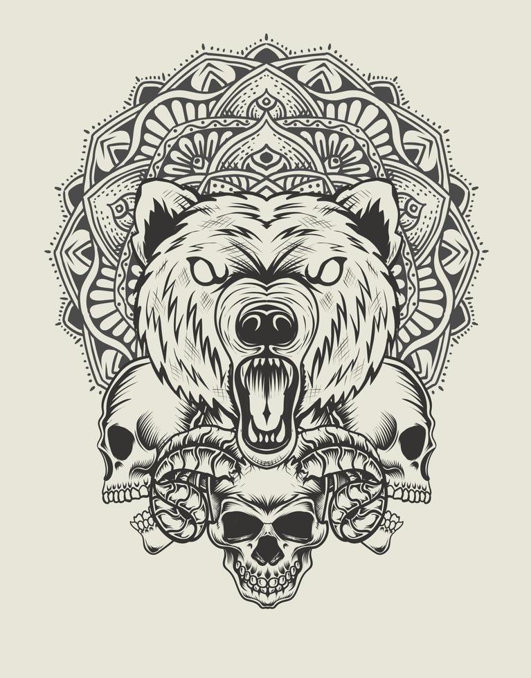 Ilustración cabeza de oso con calavera y mandala estilo monocromo vector