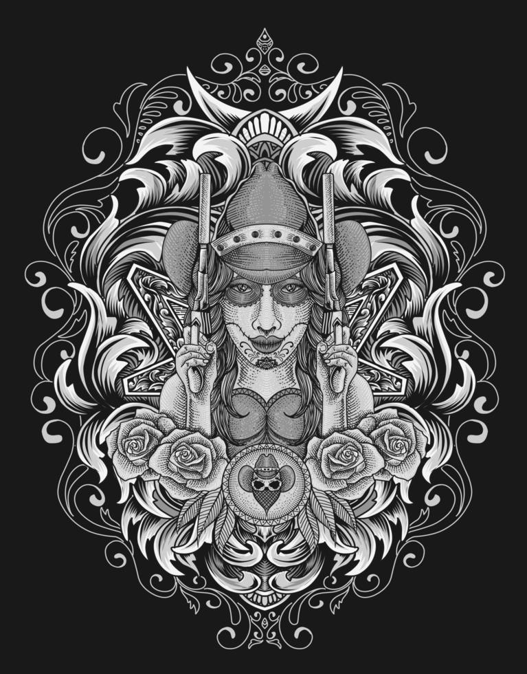illustration cow girl with vintage engraving ornament vector