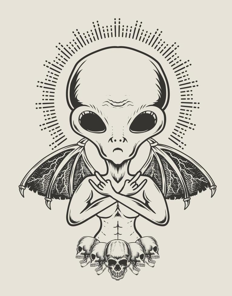 Ilustración alienígena con alas de demonio estilo monocromo vector