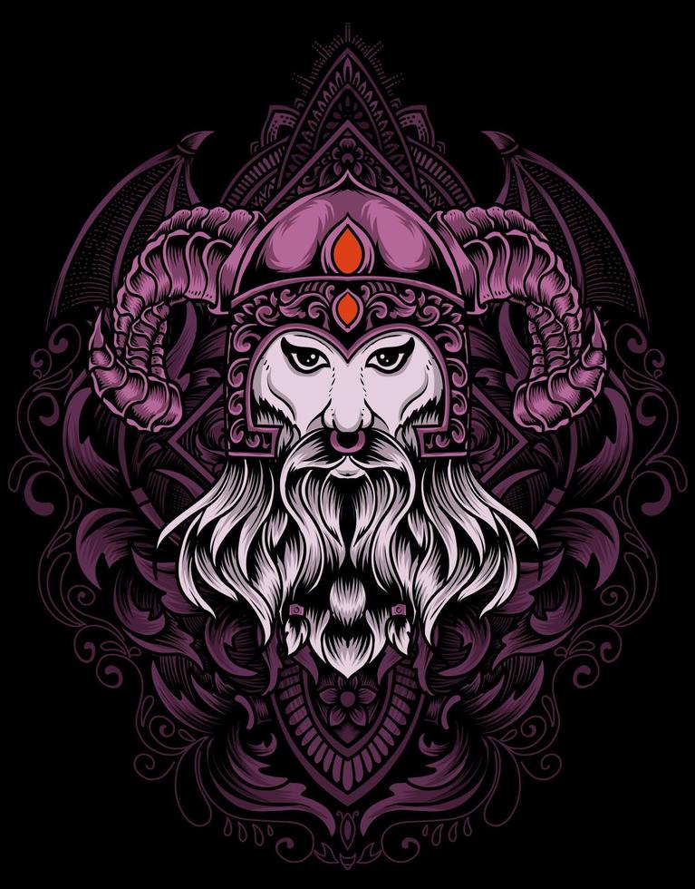 illustration viking head with vintage engraving ornament vector