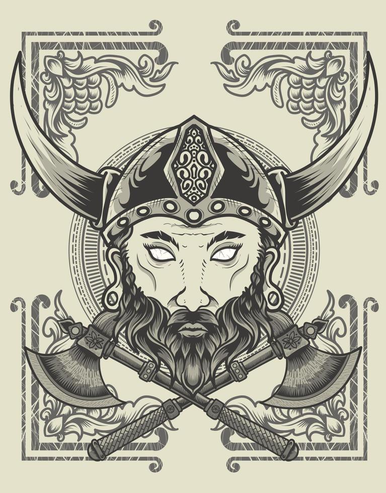 Ilustración cabeza de vikingo con estilo monocromo de dos hachas vector
