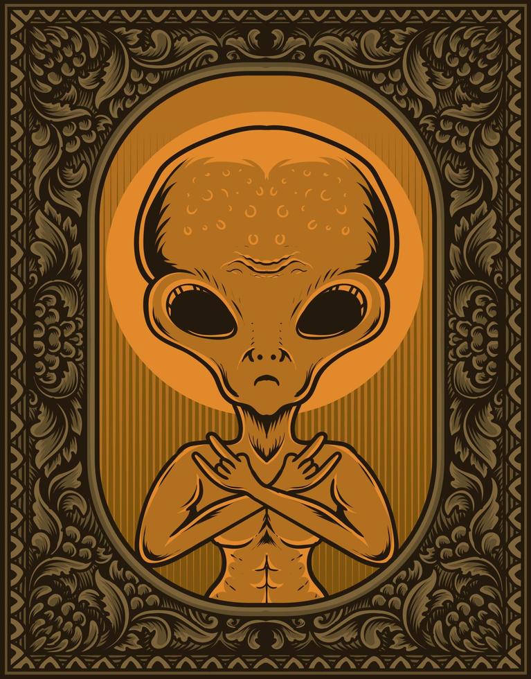 illustration alien on vintage engraving ornament frame vector