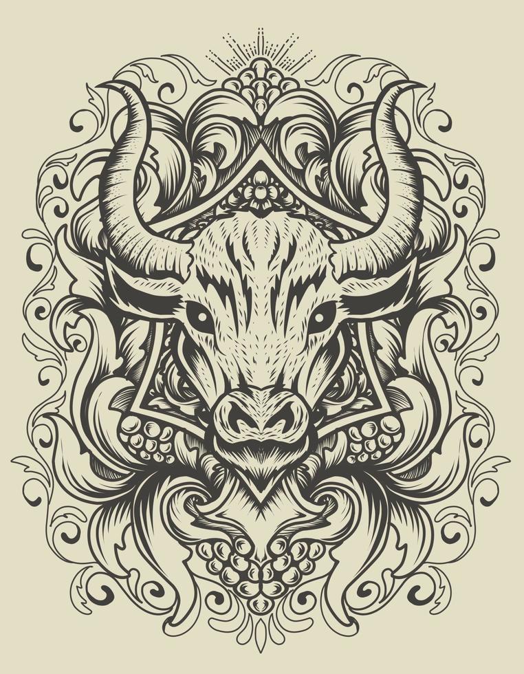 Illustration vector Bull head with vintage engraving ornament on black background