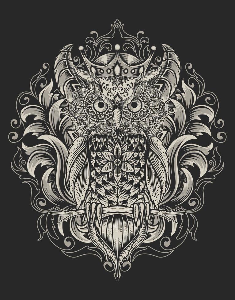 Ilustración de pájaro búho con estilo de adorno de mandala vector