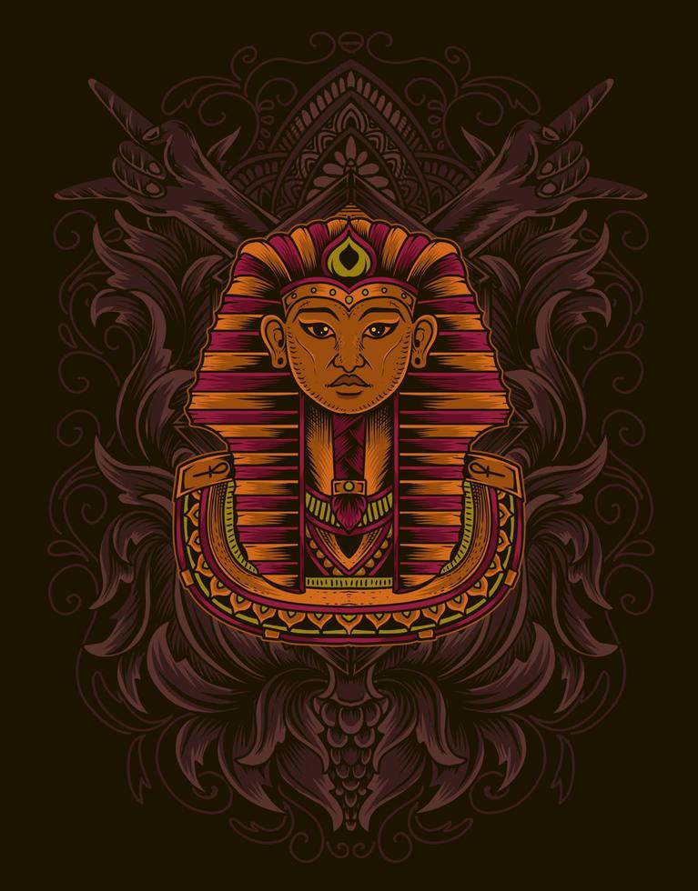 ilustración, rey de egipto, con, grabado, ornamento, estilo vector