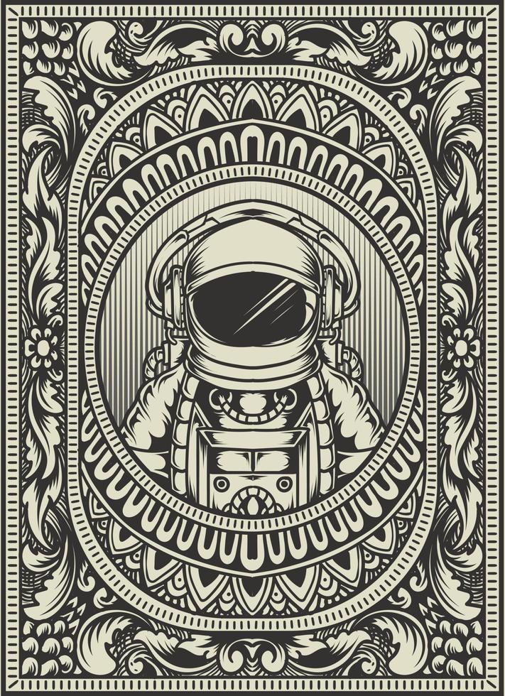 illustration astronaut on vintage ornament frame vector
