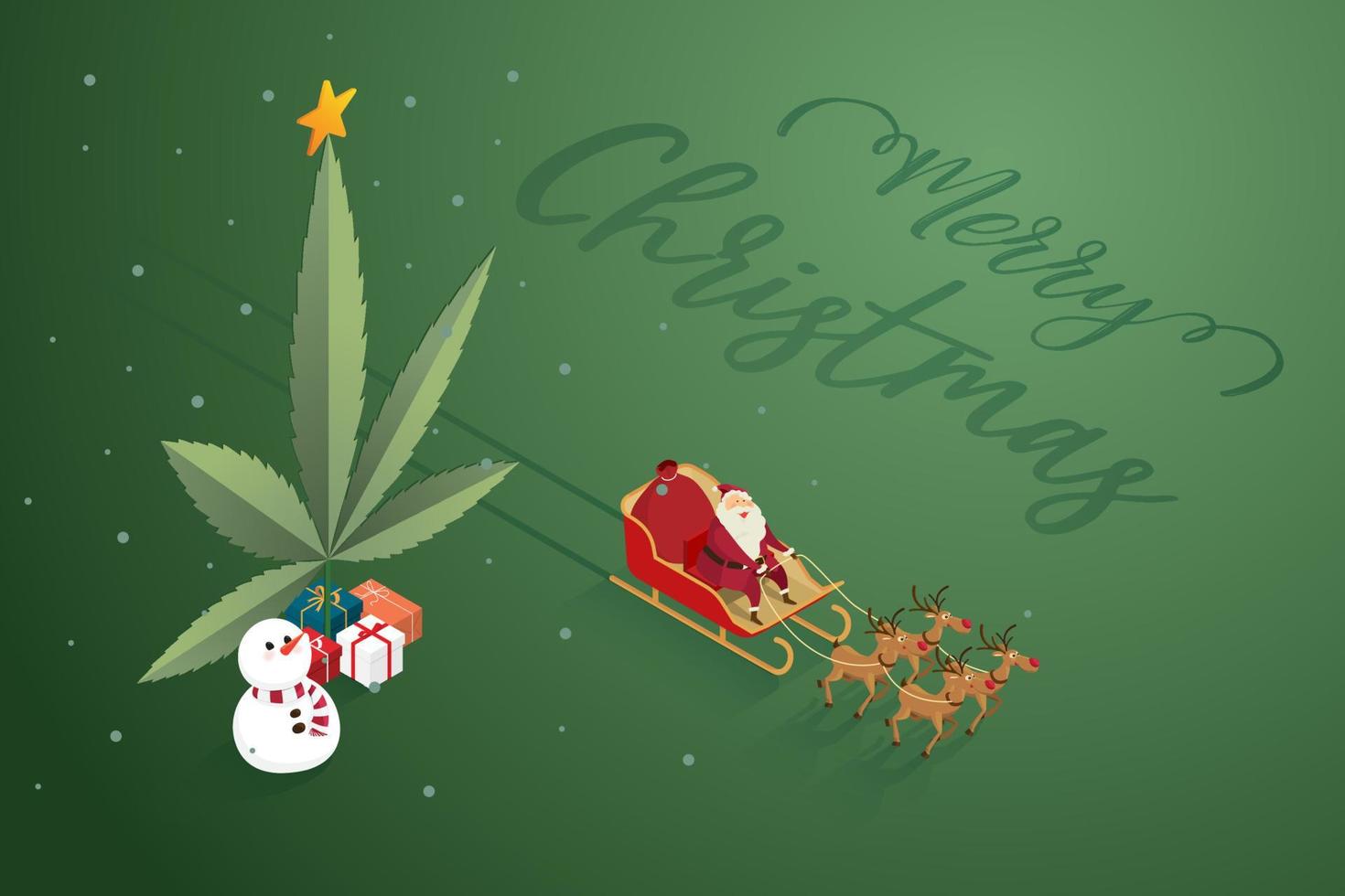 Santa claus with reindeer snowmen Marijuana leaf tree. vector