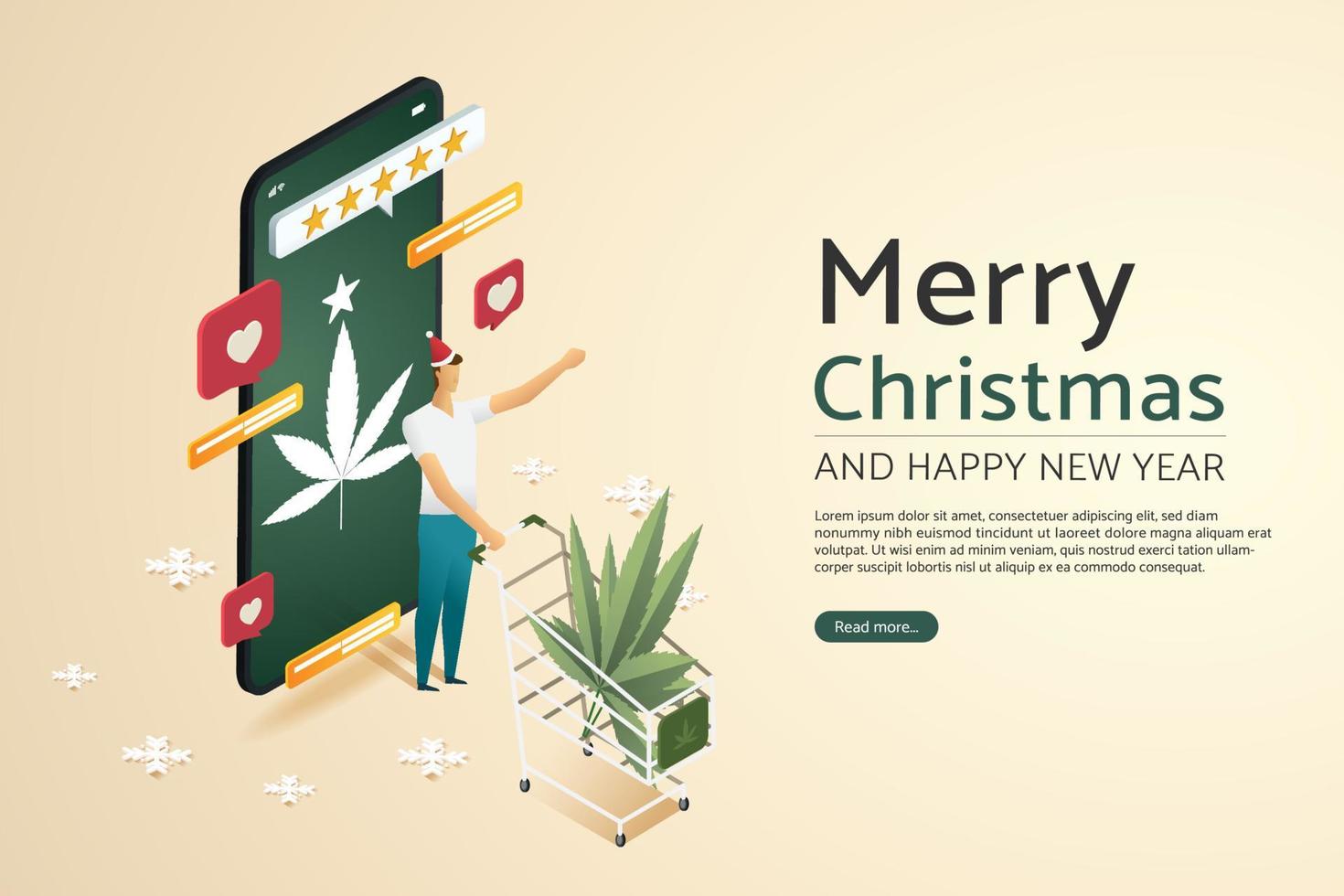 Man with cannabis leaf in shopping cart happy. vector