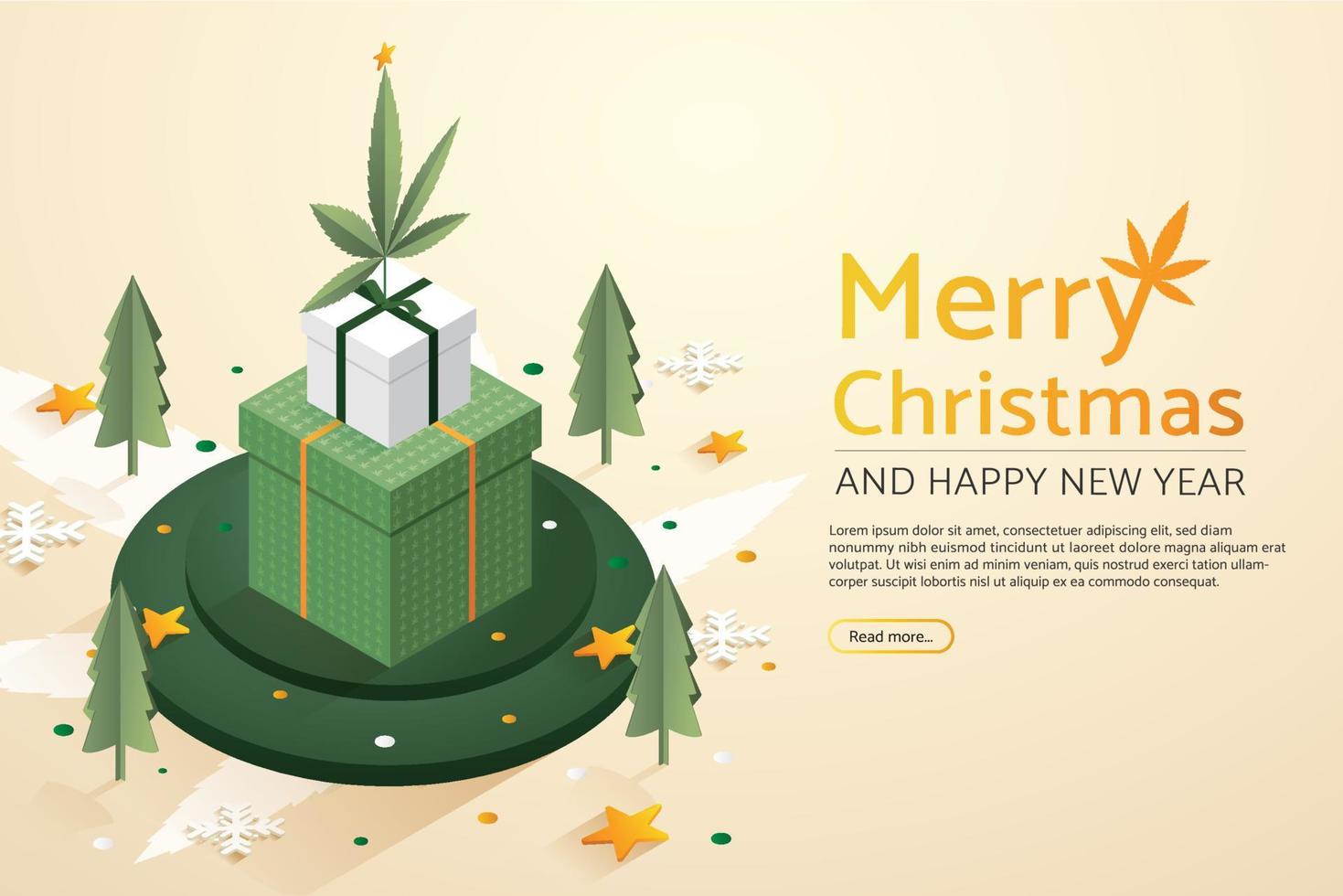 Hoja de marihuana con cajas de regalo grandes en podio verde. vector