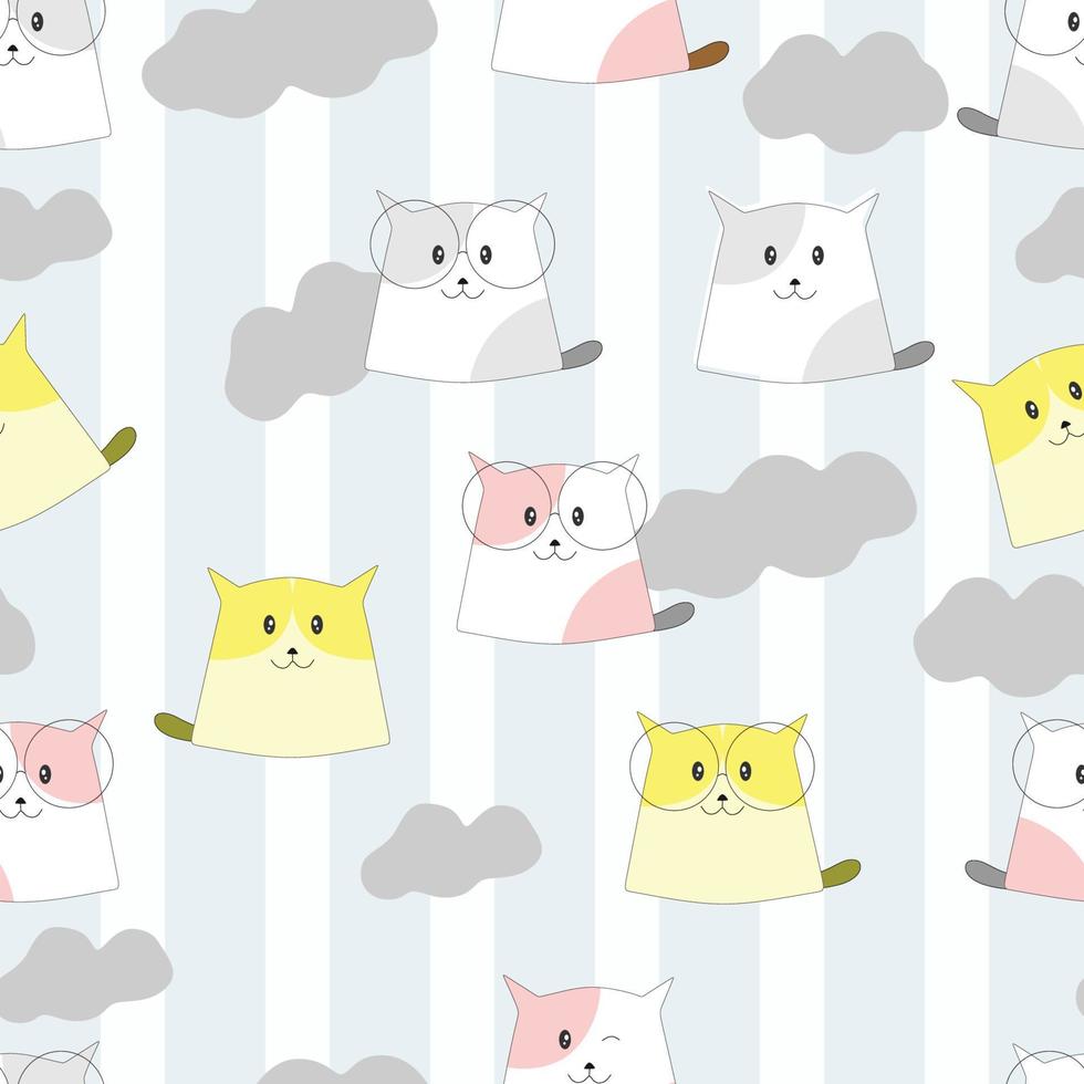 patrones sin fisuras de gatos coloridos con nubes y líneas vector