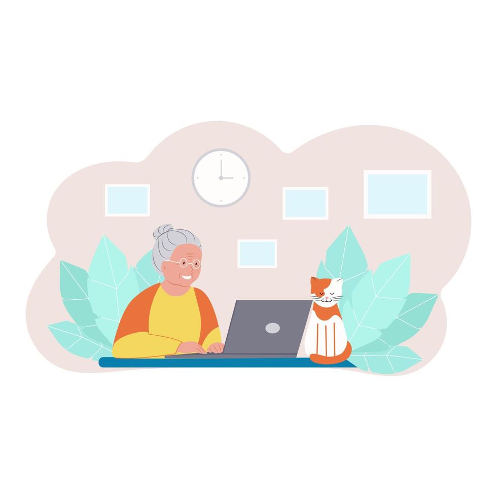 abuela feliz con laptop. mujer mayor que trabaja en la computadora portátil, gato doméstico. ilustración vectorial en estilo plano vector