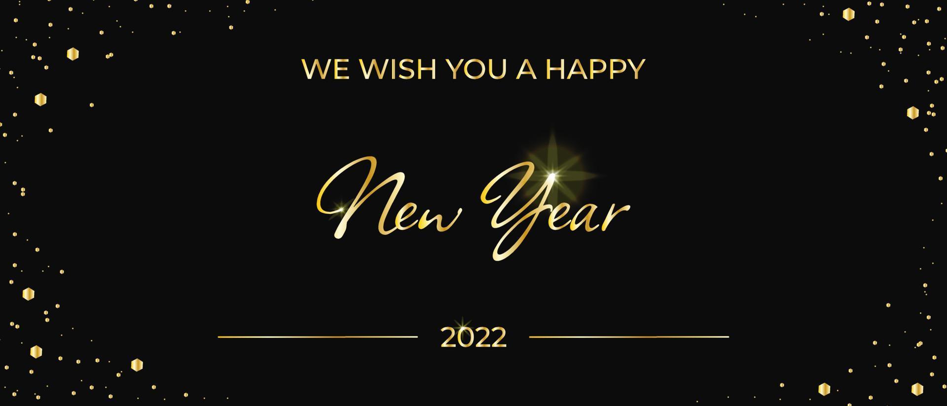 New Year's banner. Vector poster for the winter holidays. Golden text 2022 on a black background.