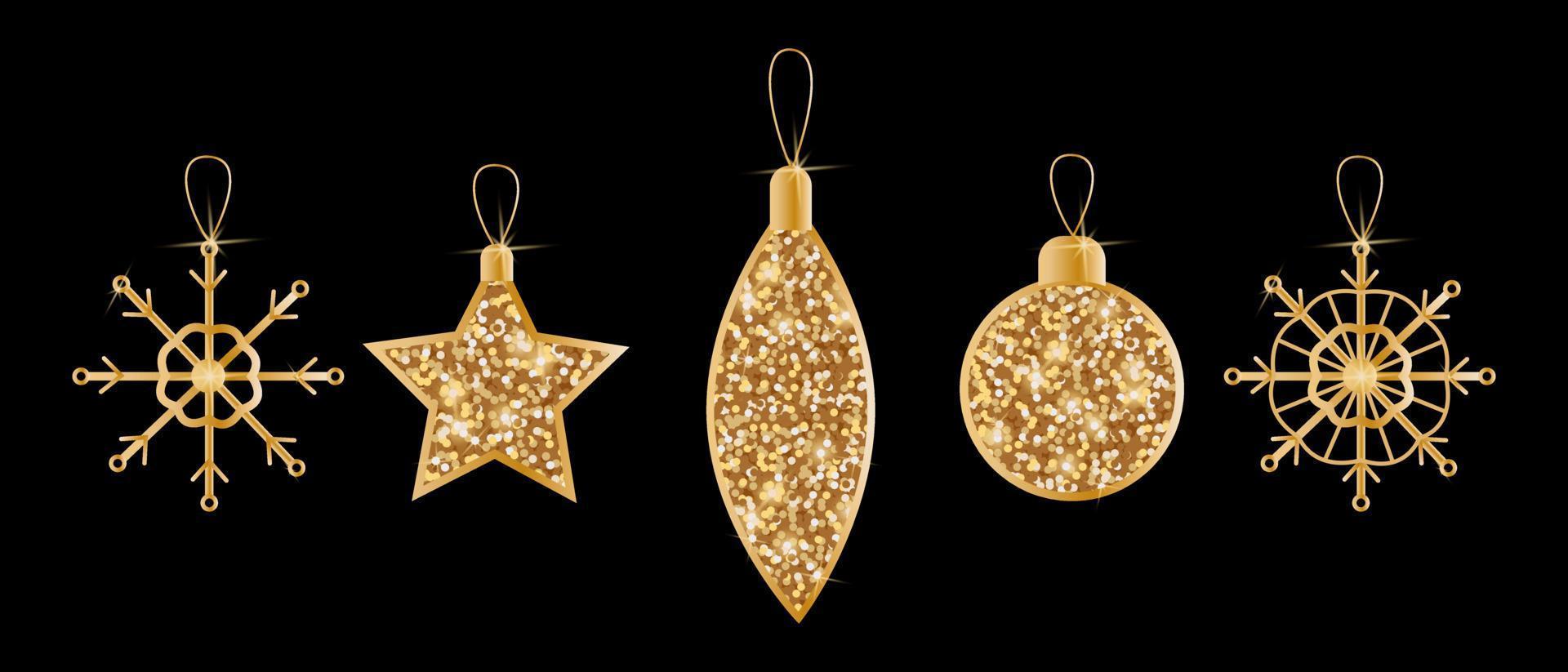 Christmas toys with sequins and glitter. Set of Christmas decorations. Vector golden objects on a black background.