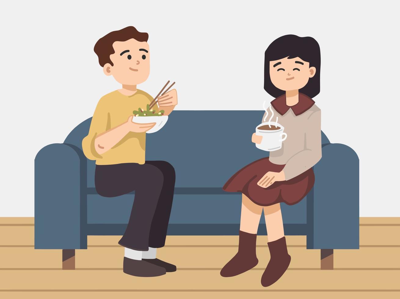 Illustration of a young couple, cafe visitor on couch of cafe having food and chatting. Modern flat vector concept illustration.