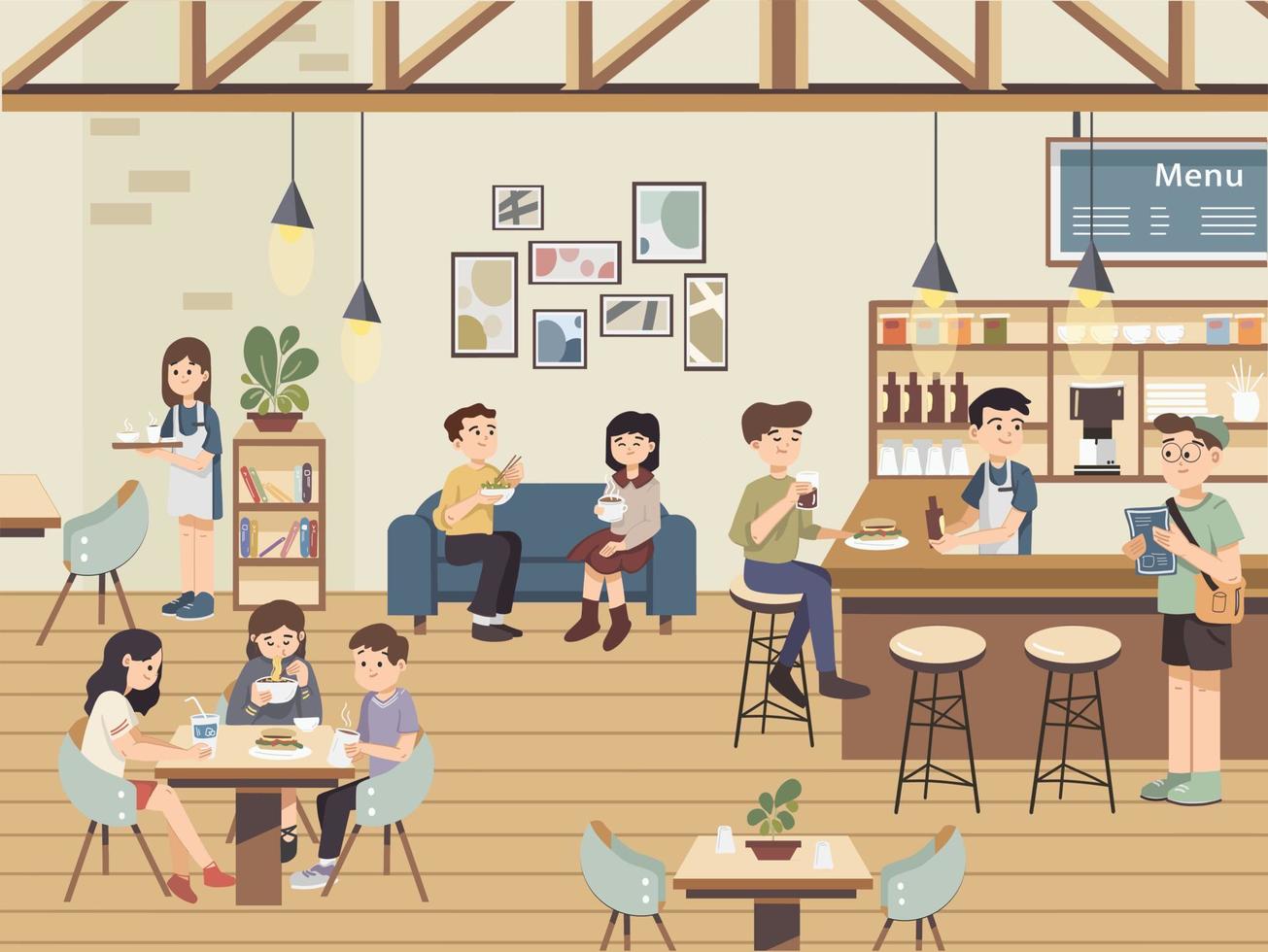 Interior cafe scene with friends and people having coffee. People having leisure time at restaurant. Deli Bistro Fine Dining Coffee House with Waiters and Bartender. Customers ordering food. vector