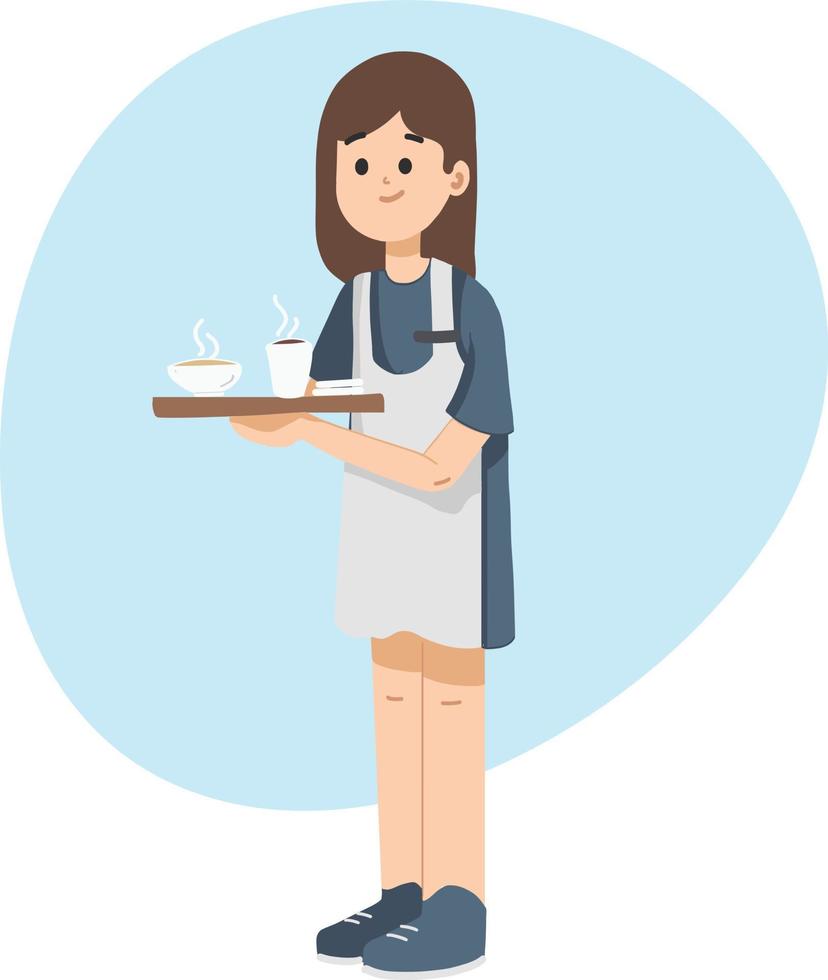 chica sosteniendo la bandeja y sirviendo café, té en la cafetería. linda camarera sirviendo café. ilustración vectorial plana aislada. vector