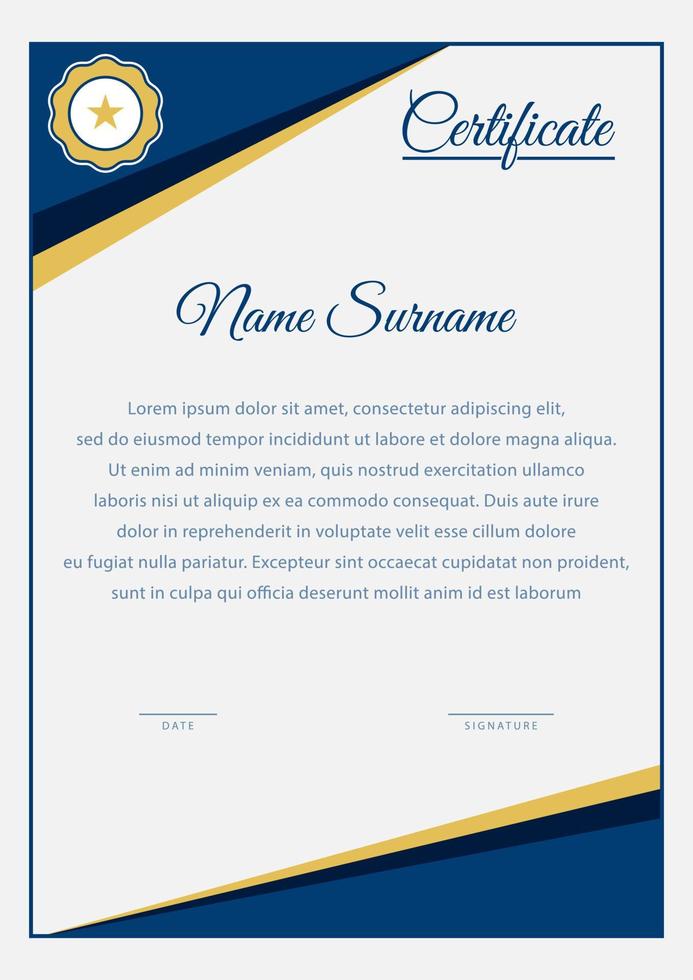 plantilla de certificado vertical de esquina curva azul vector