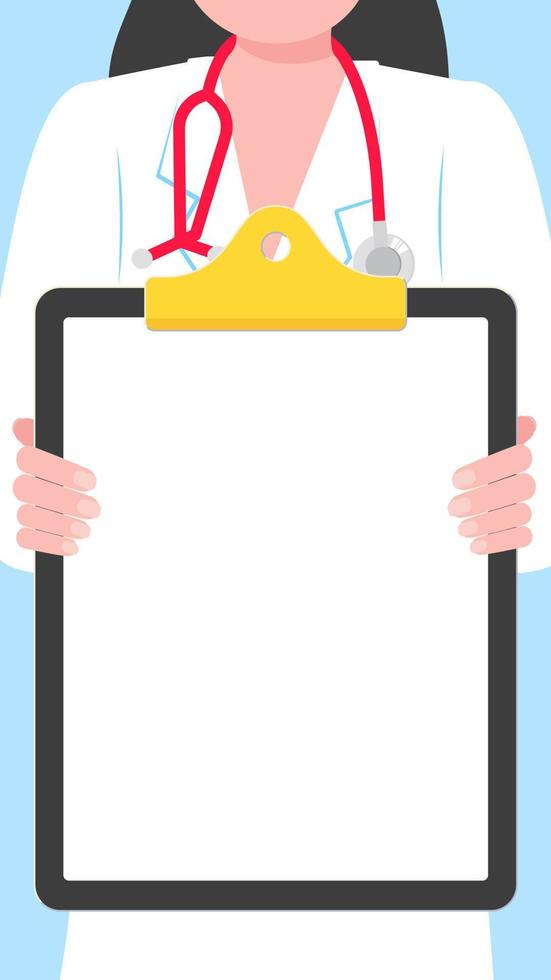 Close-up doctor holding a clipboard without text for stories. Paper for writing or useful information flat style design isolated on light blue background. Female woman, hospital employee, stethoscope. vector