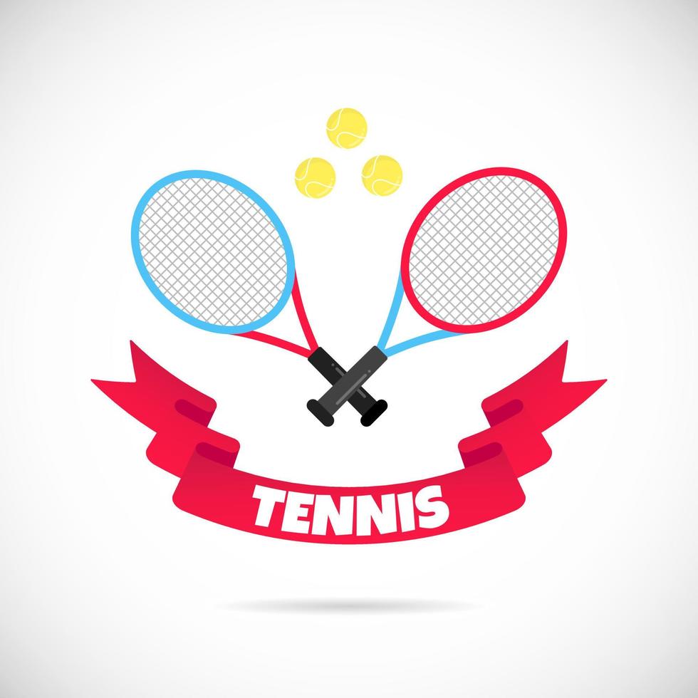 Two tennis rackets and balls flat style design with ribbon and text TENNIS icon sign vector illustration isolated on white background. Symbols of the tennis game competition.