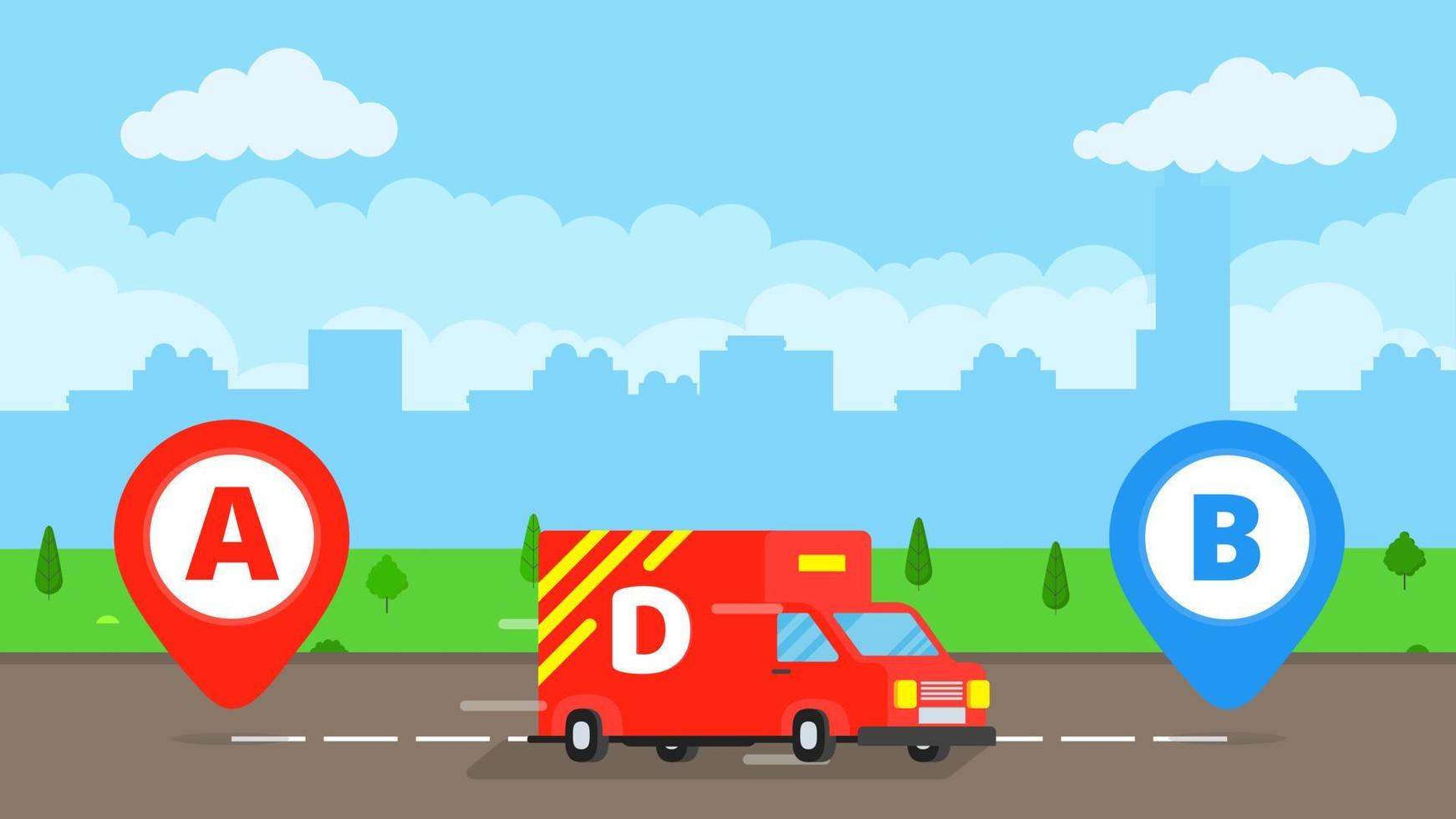Fast delivery truck service on the road. Car van with landscape behind flat style design and map pins A and B vector illustration isolated on light blue background.  Symbol of delivery company.