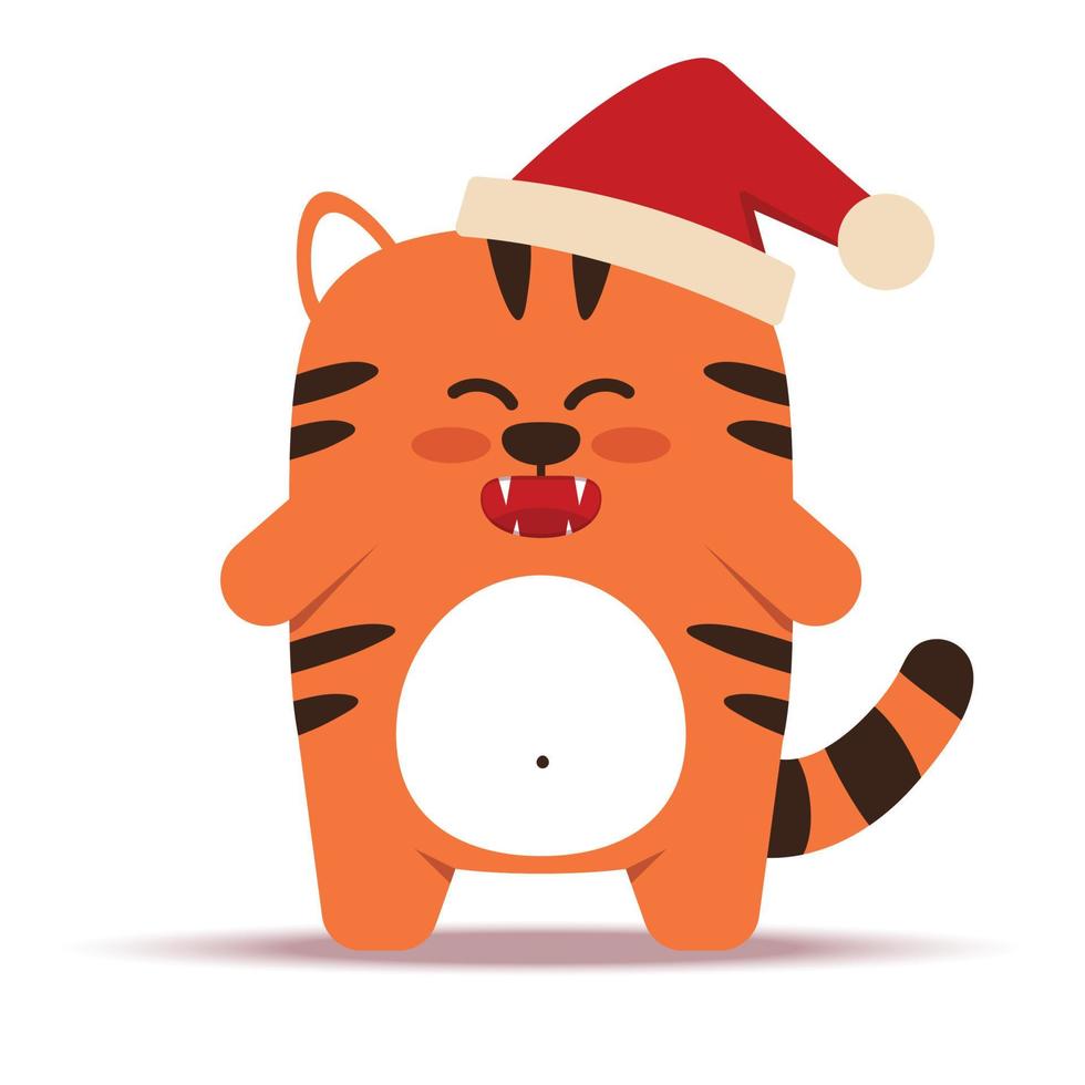 Cute little orange tiger cat in a flat style. The symbol of the Chinese New Year 2022. Animal with a Christmas cap. The joyful tiger is standing. For banner, nursery decor. Vector illustration.