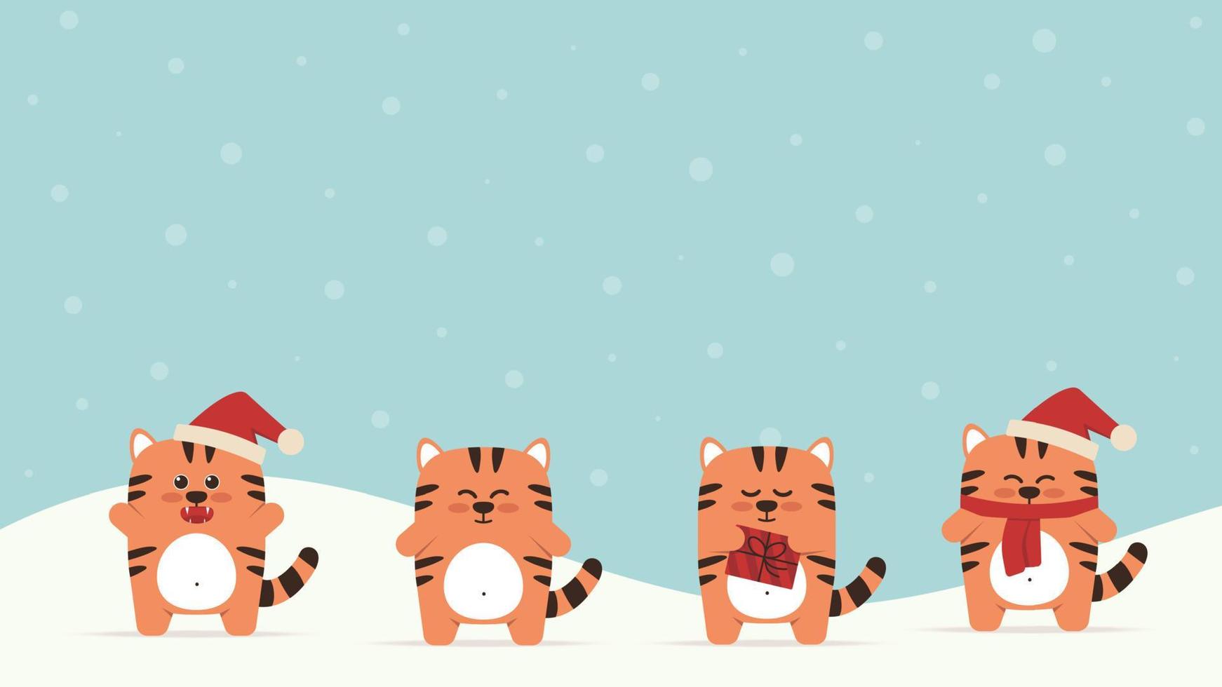 Cute little tiger character in flat style. Zodiac symbol of the Chinese New Year 2022. Merry Christmas. For banner, postcard, brochure decor template. Vector illustration.