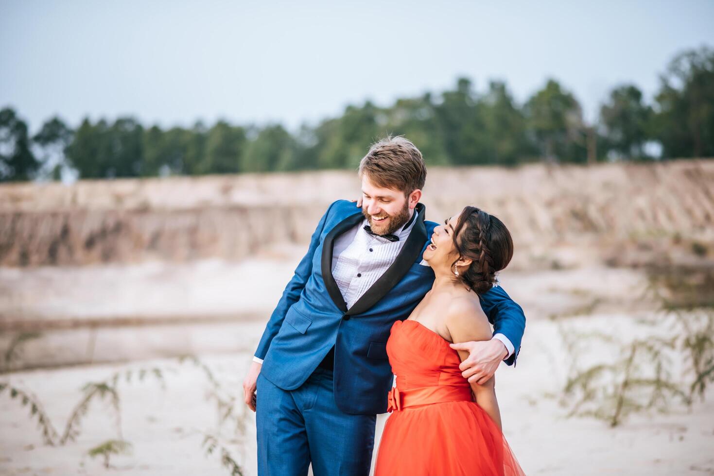 Asian bride and Caucasian groom have romance time and happy together photo