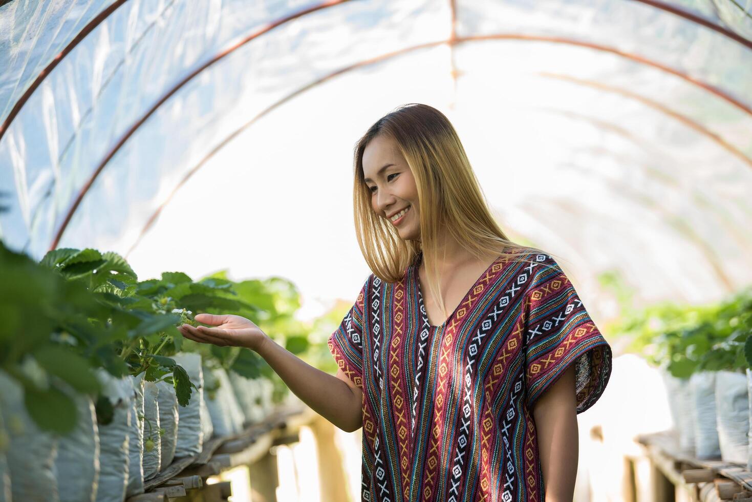 Hermosa mujer campesina comprobando la granja de fresas foto